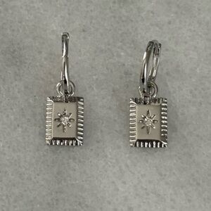 Sterling Silver Square Star Burst Crystal Pendant Huggie Hoop Dangle Earrings